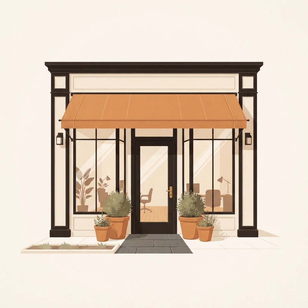 Illustration of a small operations office storefront