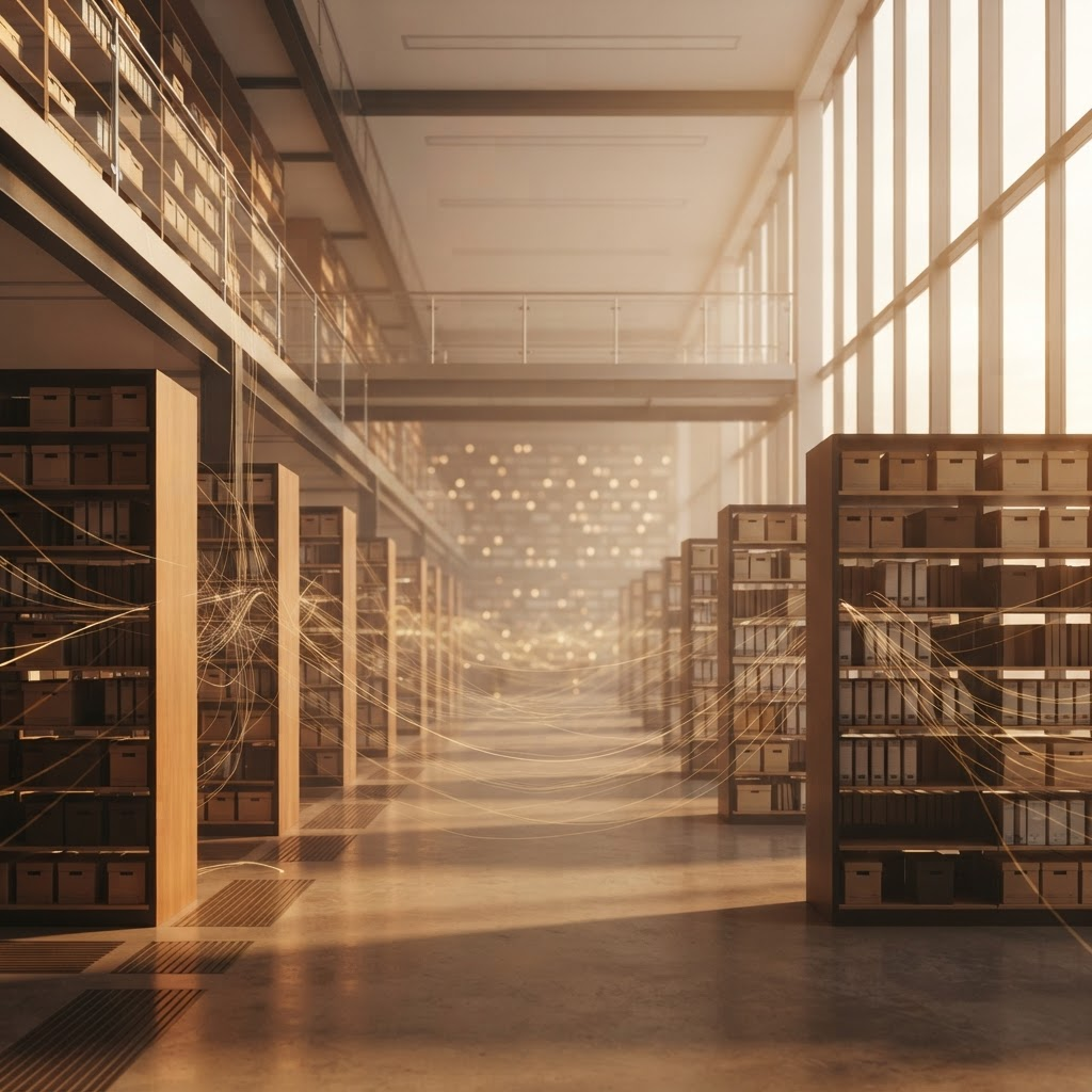 A warm, orderly archive hall with glowing threads of data weaving between the aisles, evoking accountable and auditable AI.